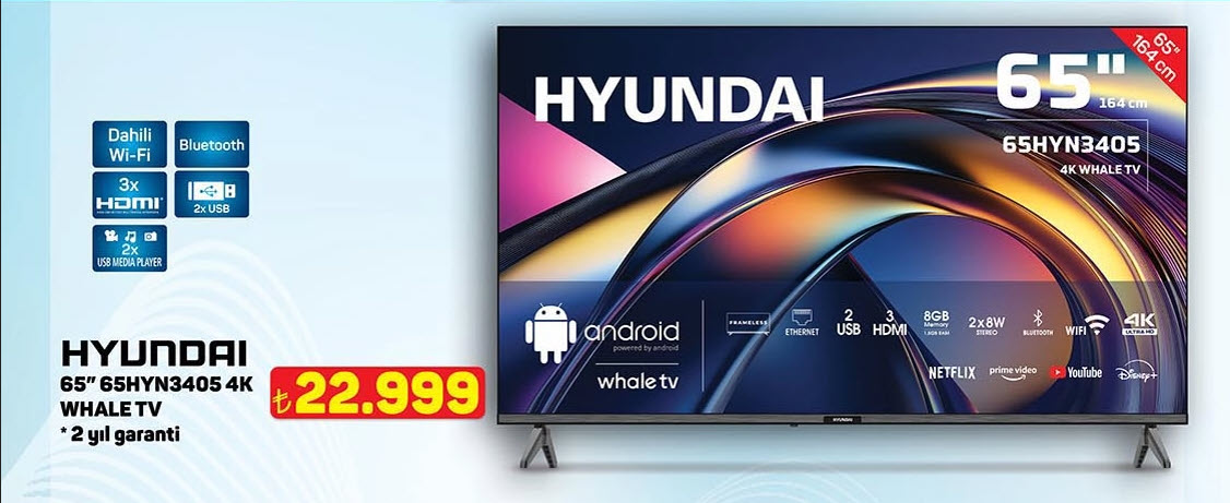 A101 29 Ocak Televizyon Hyundai 65HYN3405 65" 4K Whale TV: Dev Ekranda Sinema Keyfi