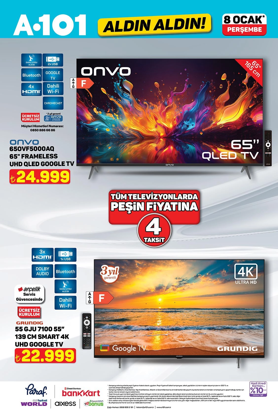 A101 8 Ocak 2026 Televizyon Çeşitleri: Onvo 65OVF5000AQ 65" Frameless UHD QLED Google TV ve Grundig 55 GJU 7100 55" Smart 4K UHD Google TV İncelemesi İncelemesi