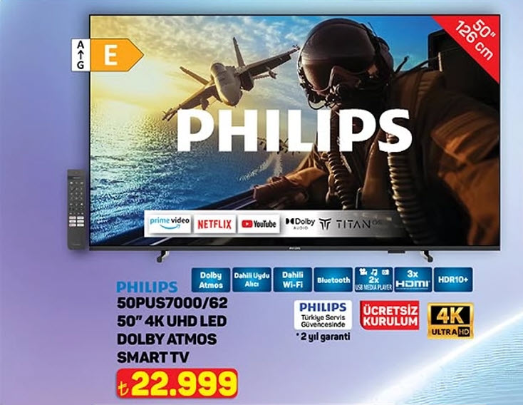 A101 Philips 50" 4K UHD LED Dolby Atmos Smart TV – 22.999 TL
