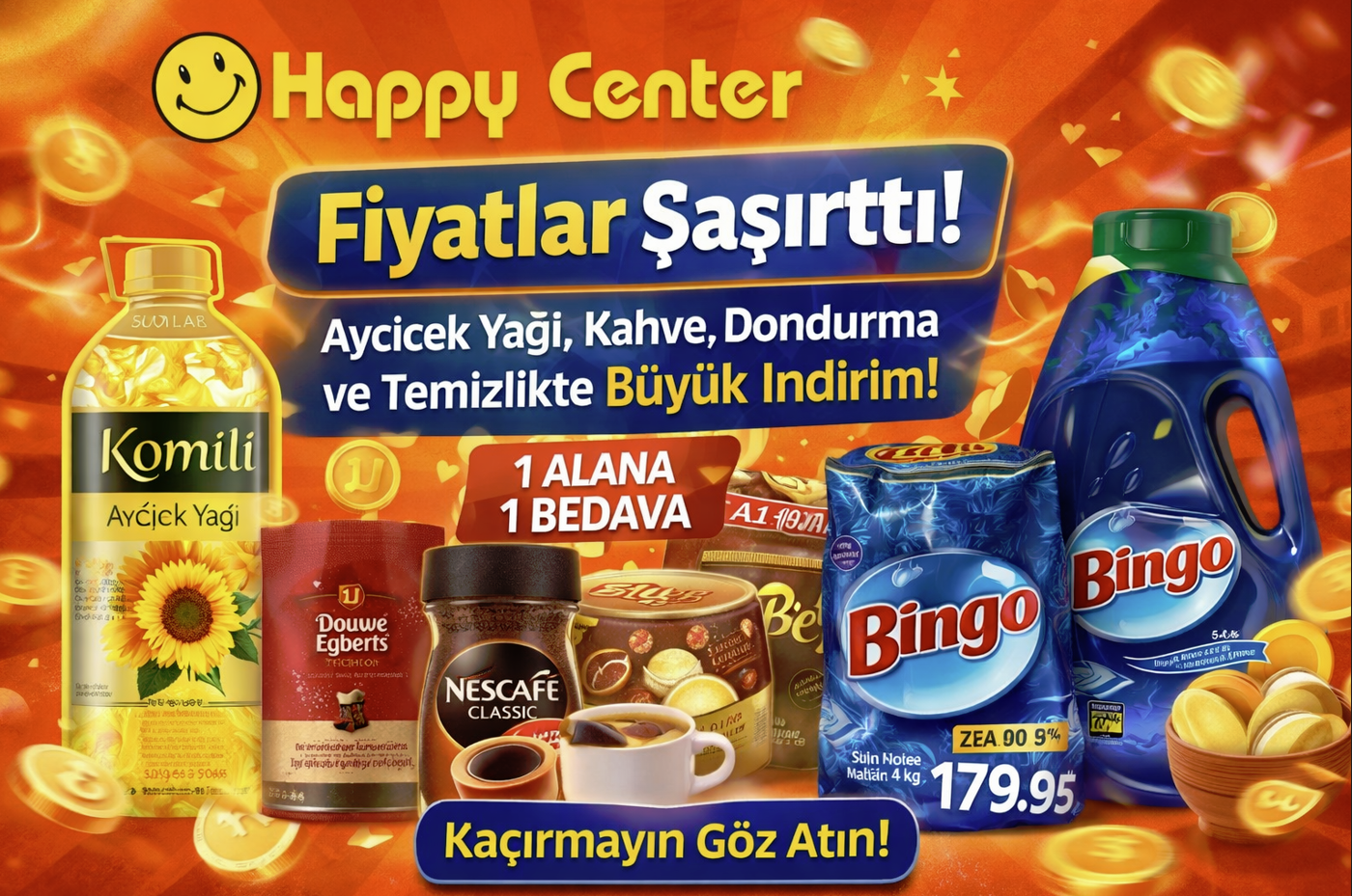 Happy Center 25 Mart 2026 Kataloğu Yayınlandı! Happy Center’dan Dev Kampanya! Ayçiçek Yağı, Kahve, Dondurma ve Temizlik Ürünlerinde Şaşırtan Fiyatlar