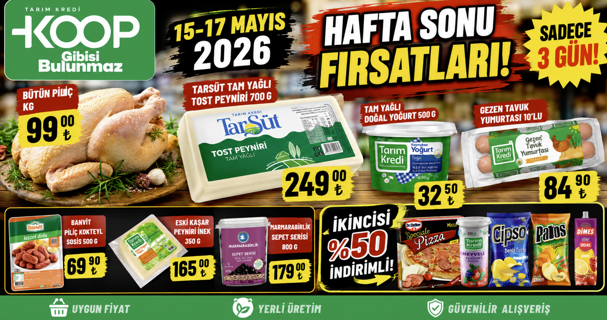 Tarım Kredi Market 15 Mayıs 2026 Kataloğu Yayınlandı! Tarım Kredi Market’te Fiyatlar Gündem Oldu! Tavuk 99 TL, Tost Peyniri 249 TL