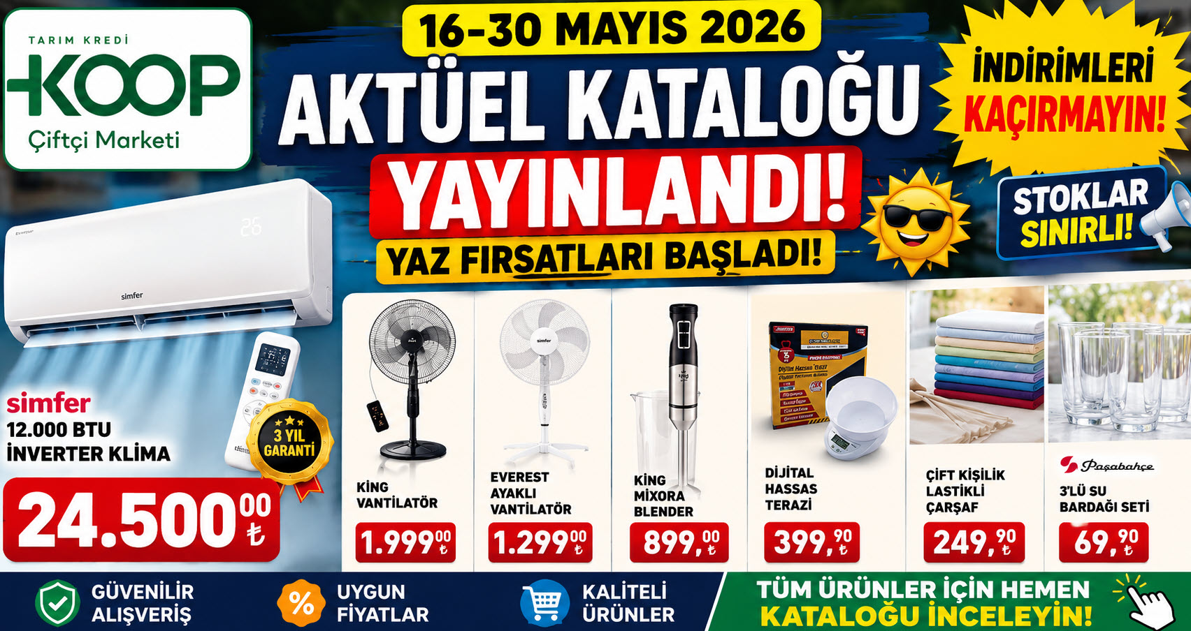 Tarım Kredi Market 16 Mayıs 2026 Kataloğu Yayınlandı! Tarım Kredi Market’te Yaz Fırsatları Başladı! Klima, Vantilatör ve Ev Ürünlerinde Şok Fiyatlar